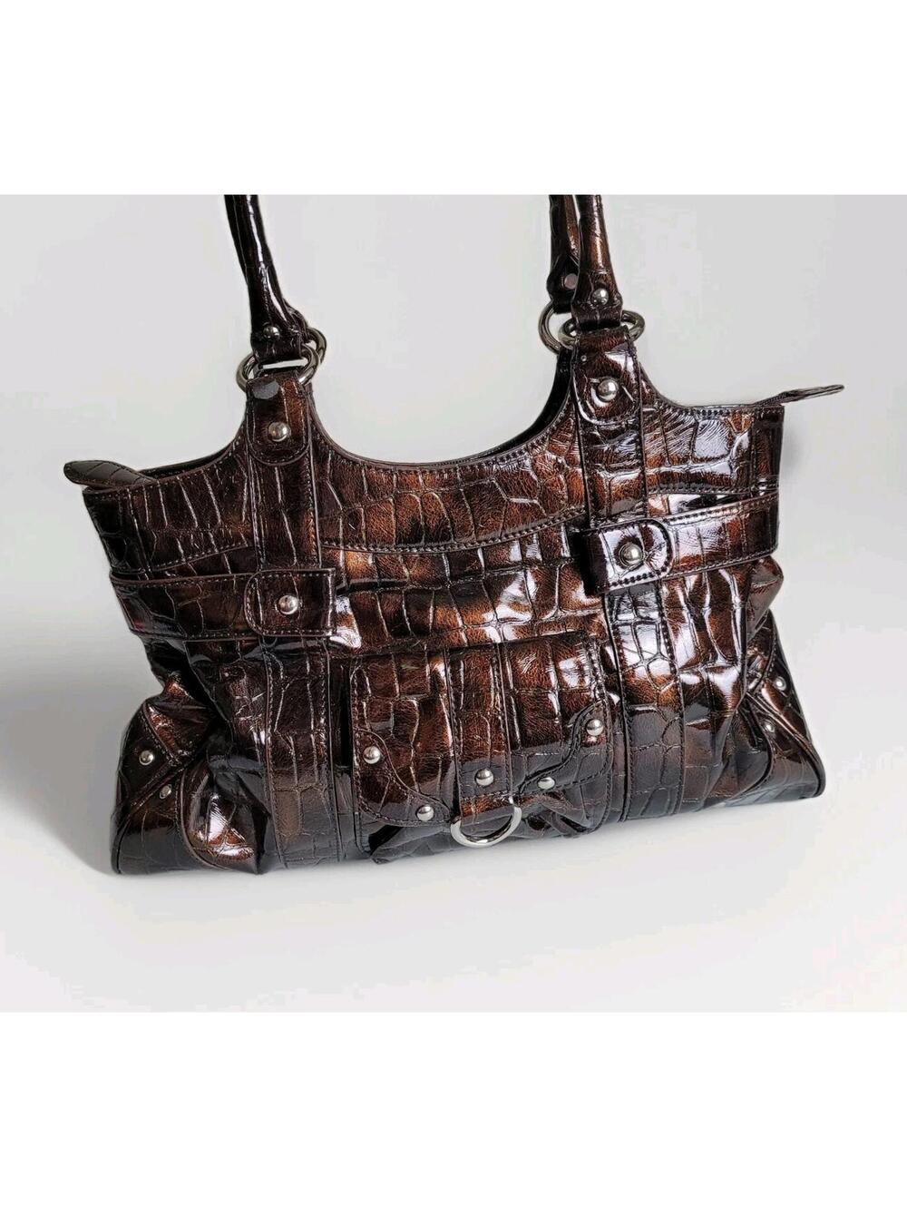 Pelle Crocodile Alligator Embossed Satchel Brown Handbag Zip Closure Pockets